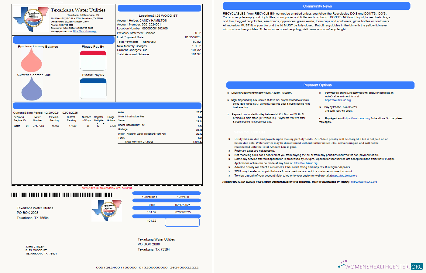 download USA Texarkana water utilities utility bill template in Word and PDF formats, 2 pages PDF template